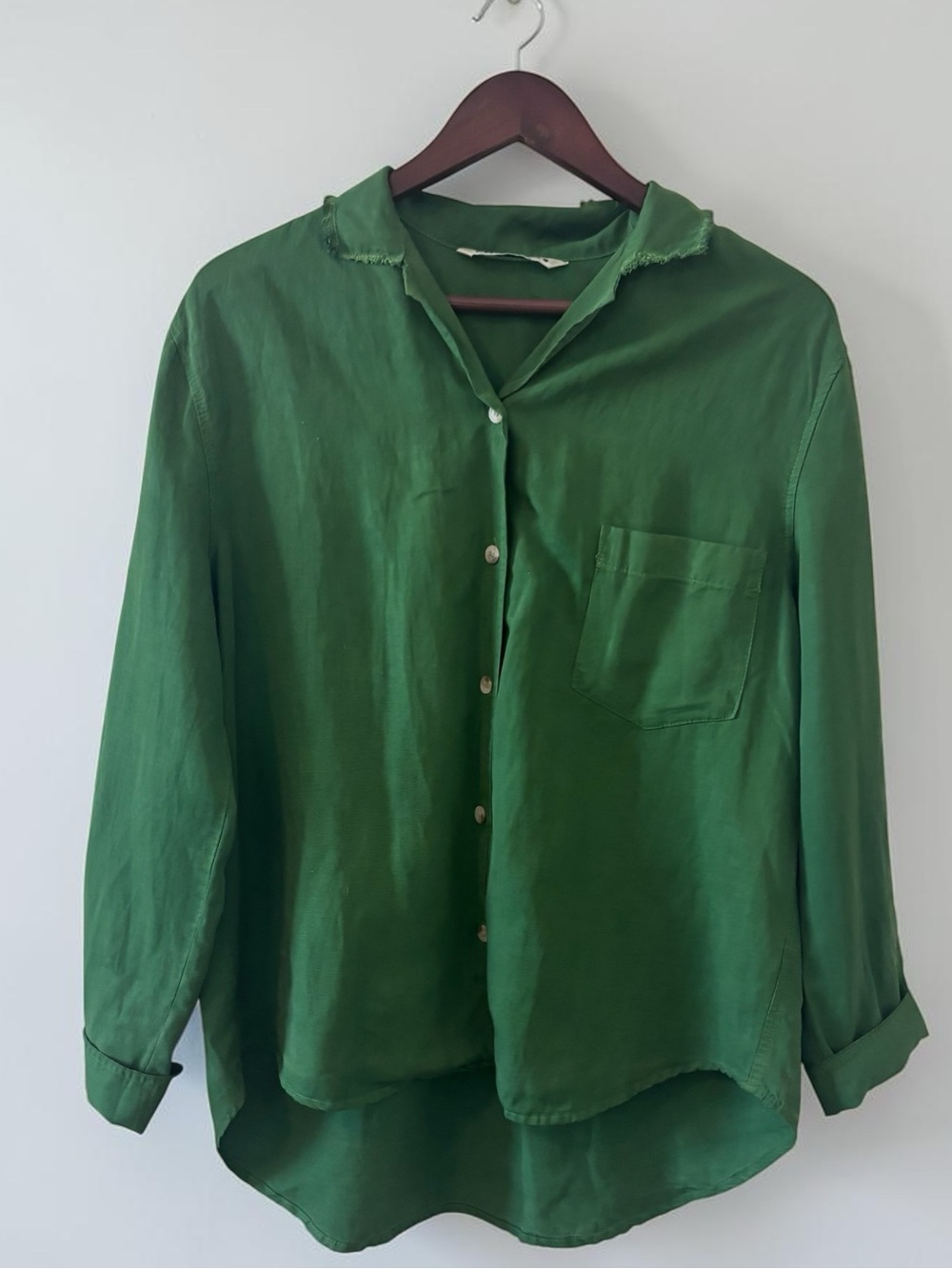 Zara Green Linen Blend Button Up Shirt Raw Frayed Collar Medium